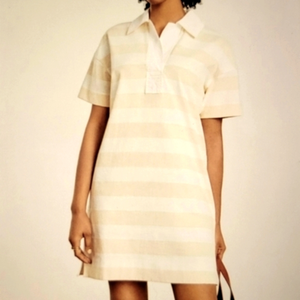 Everlane Light Tan Striped Shift Polo Short Sleeves Dress Size S